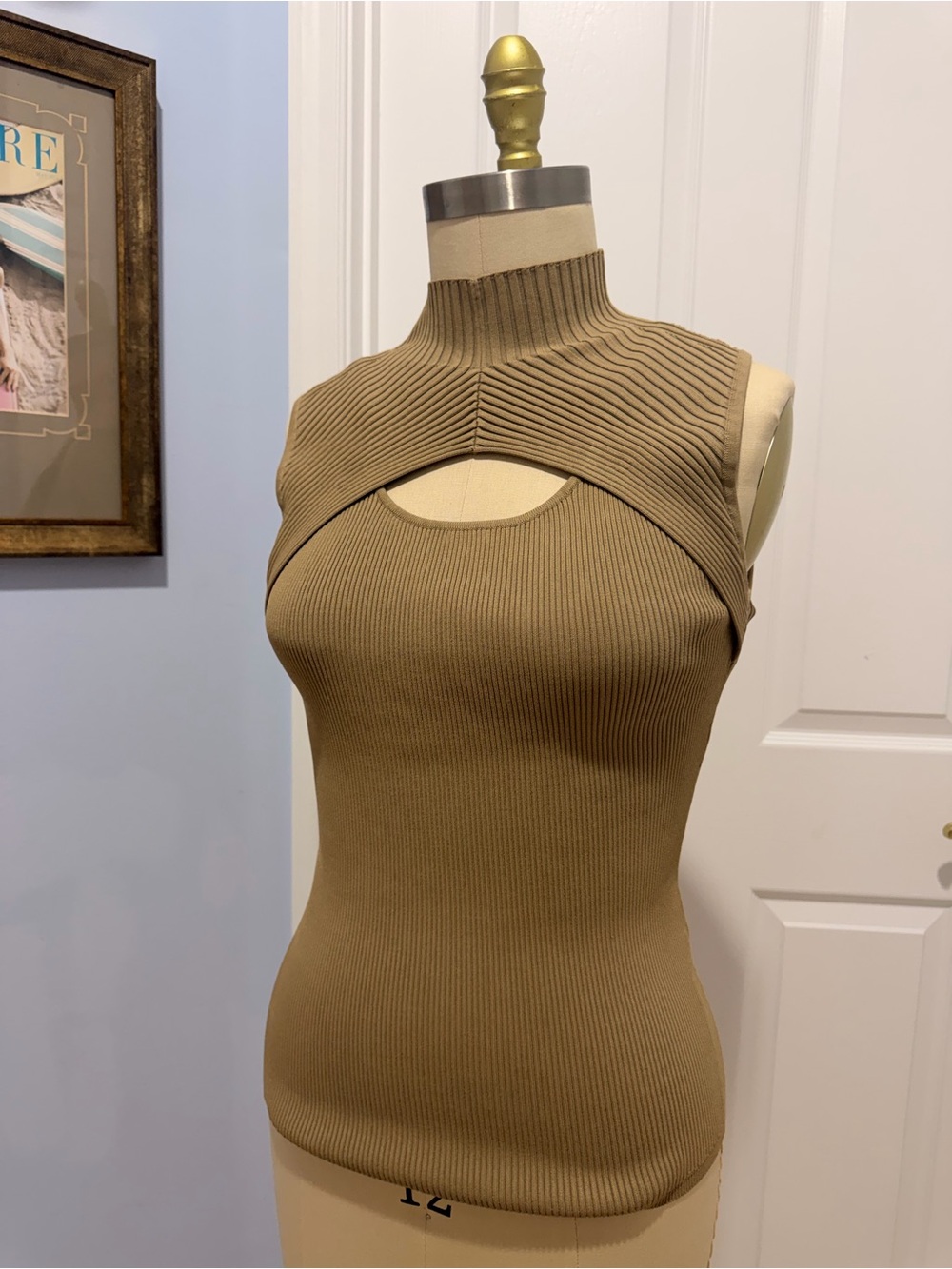 White House Black Market Tan Ribbed Mock Neck Tank with Front Cutout